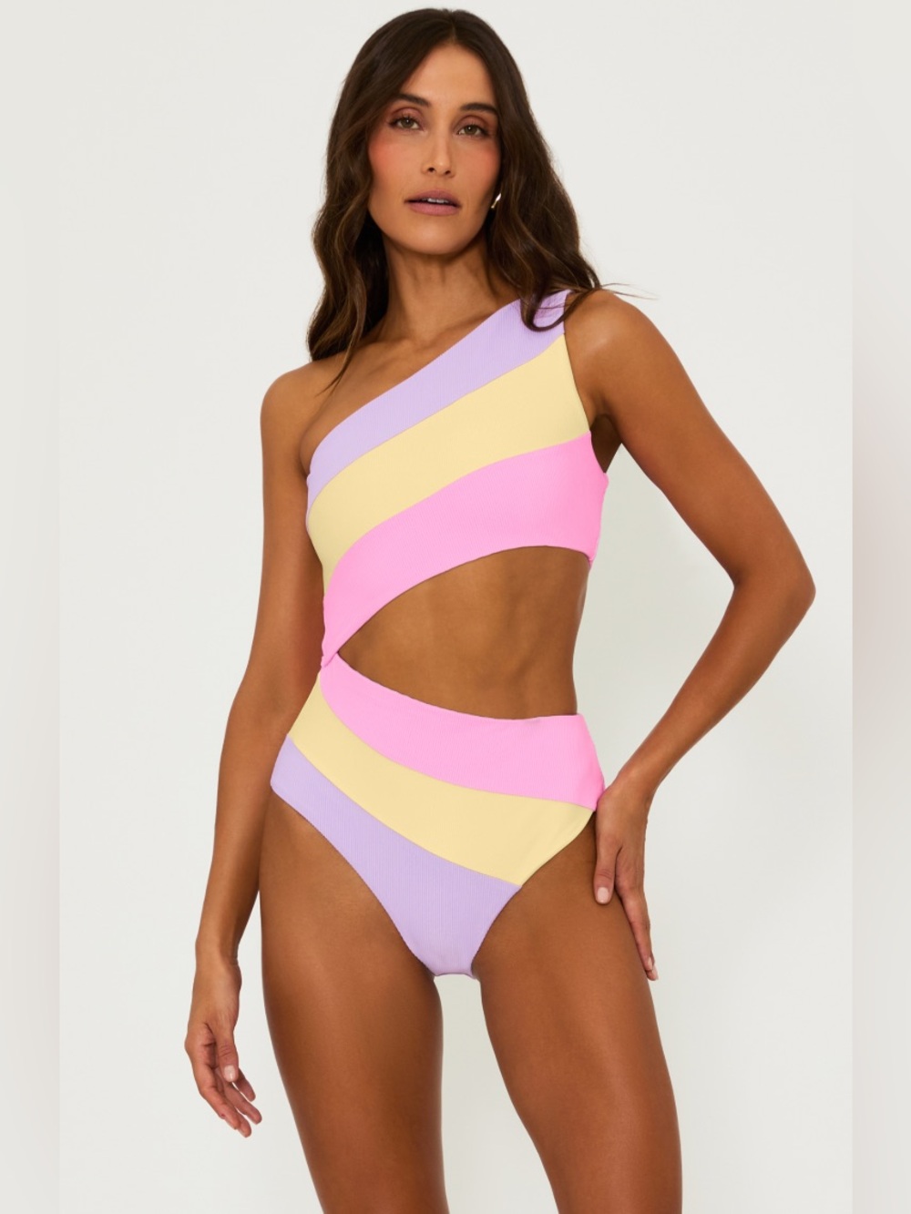 Beach Riot Asymmetric One-Shoulder Colorblock Swimsuit - Lavender, Yellow Pink